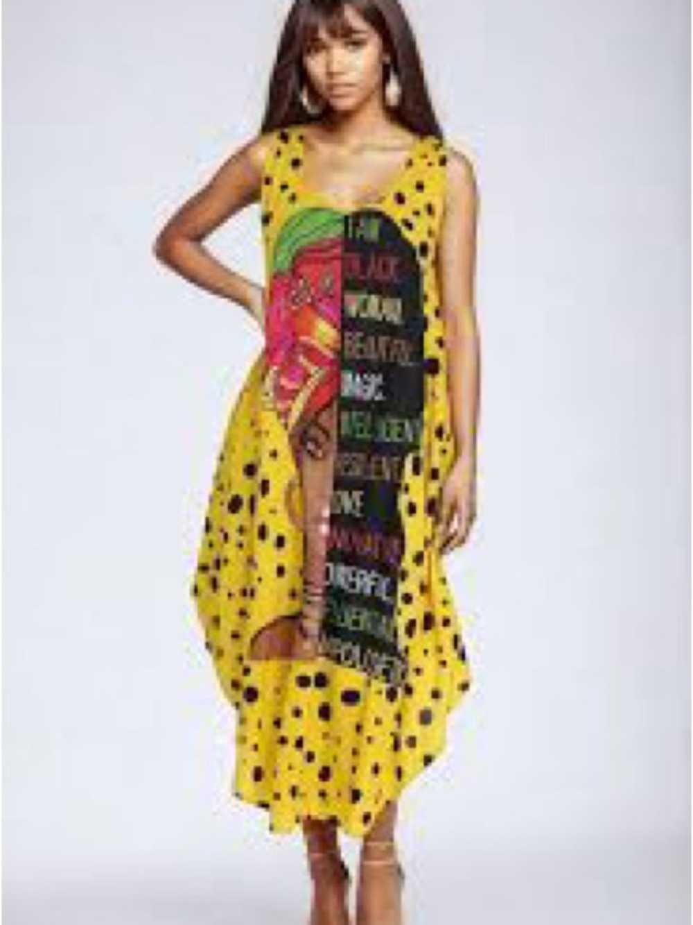 Yellow Polka-Dot Asymmetrical Graphic Midi Dress with turban/scarf